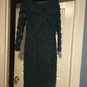 Xscape Long Sleeve Lace Dress in Dark Blue